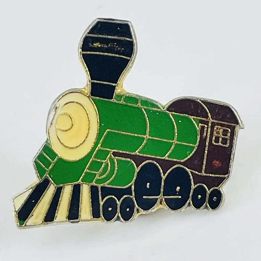 Vintage Green Train Locomotive Engine Enamel Lapel Hat Pin Railroadiana Collect